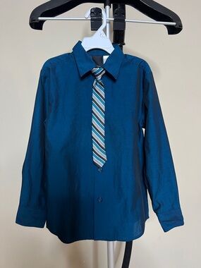 🍵🪆💧👔Boys Teal Dress Shirt with Striped Tie